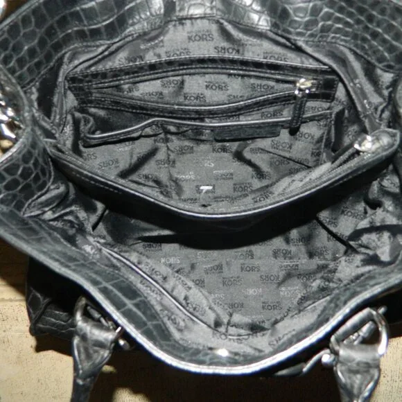 Michael Kors Black Faux Crocodile Embossed Print Handbag Purse - Picture 6 of 11